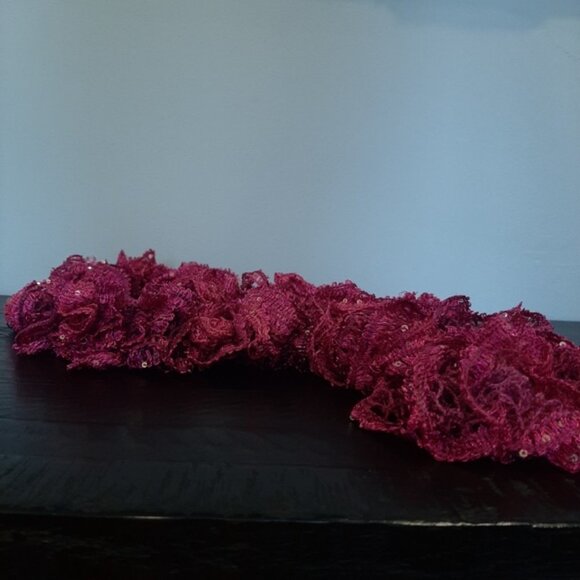 3/$20 Handmade Ruffled Sequin Infinity Scarf Magenta Stretchy Fall Winter - Picture 9 of 11